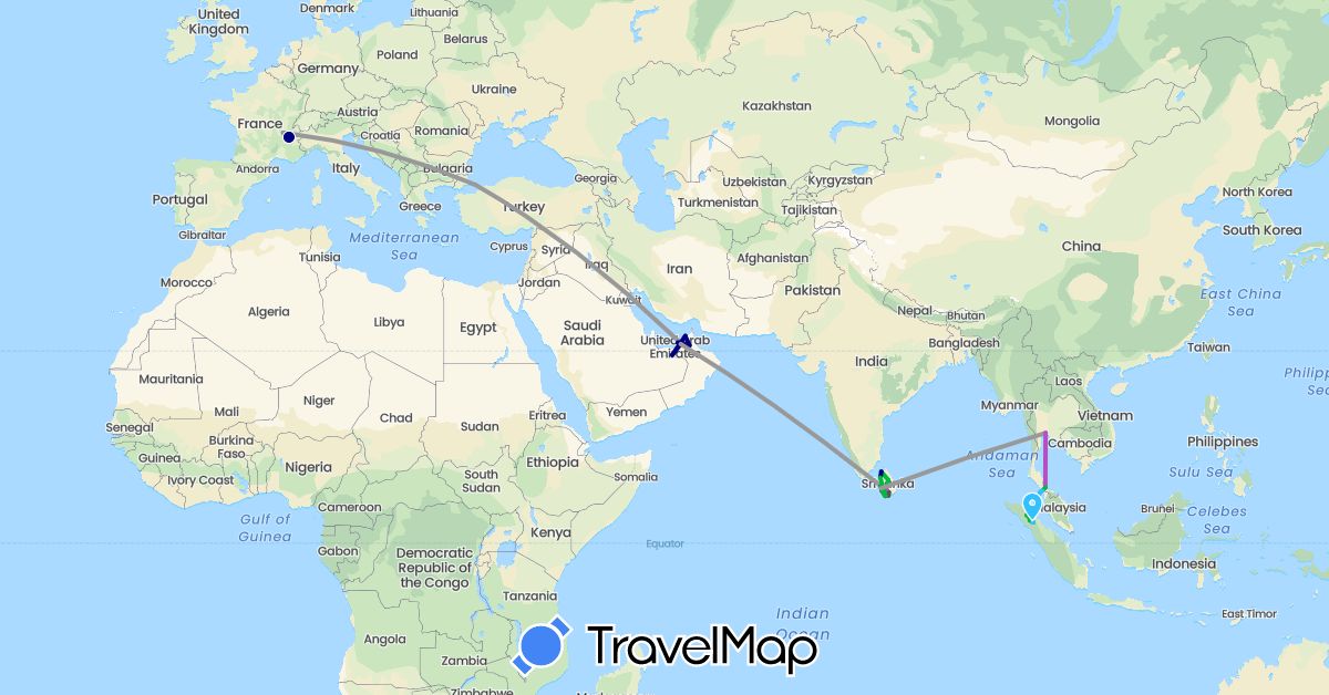 TravelMap itinerary: driving, bus, plane, train, boat, motorbike in United Arab Emirates, France, Indonesia, Sri Lanka, Malaysia, Thailand, Turkey (Asia, Europe)